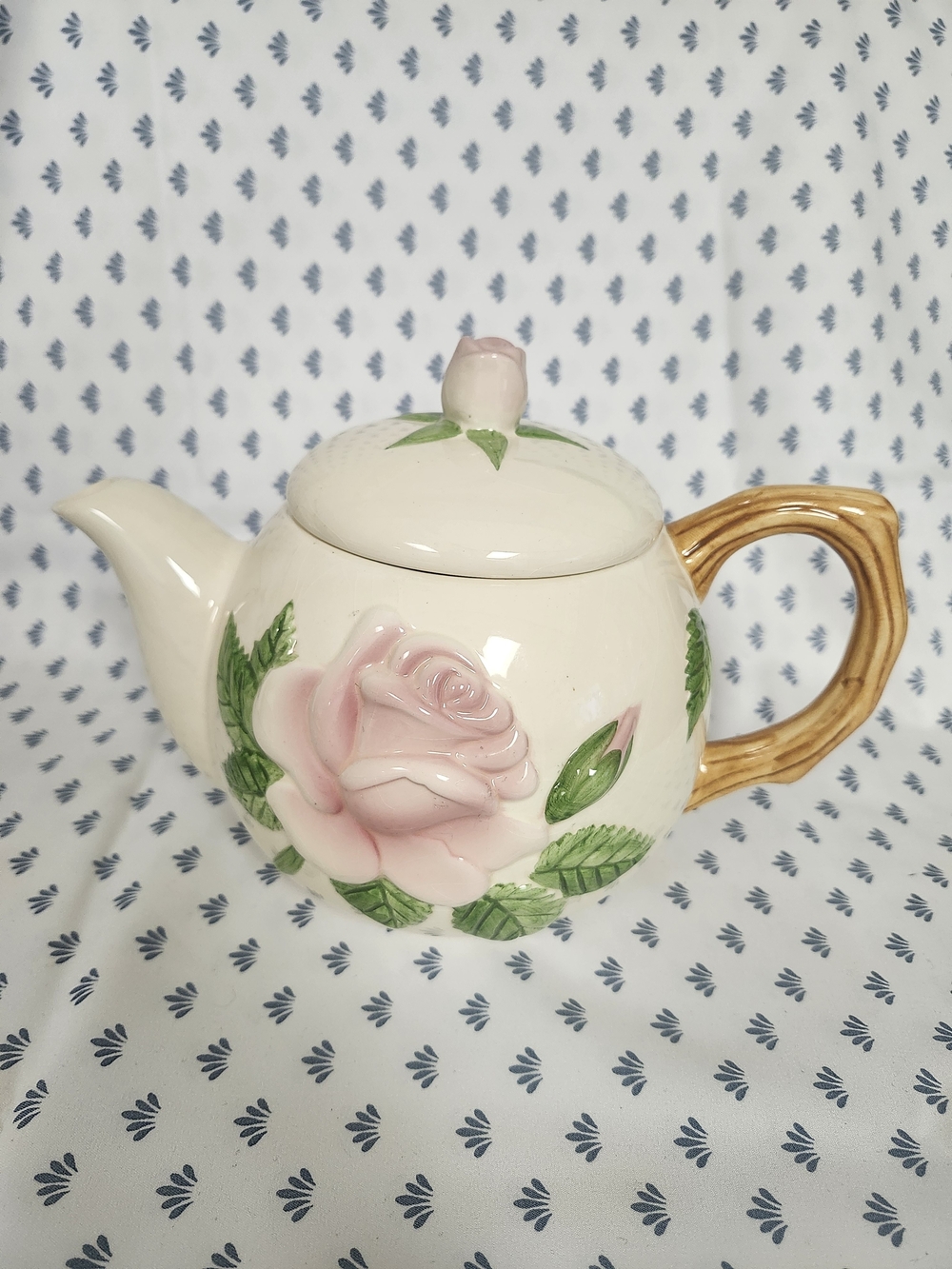 Ceramic Pink Rose Teapot with Gold-Tone Handle